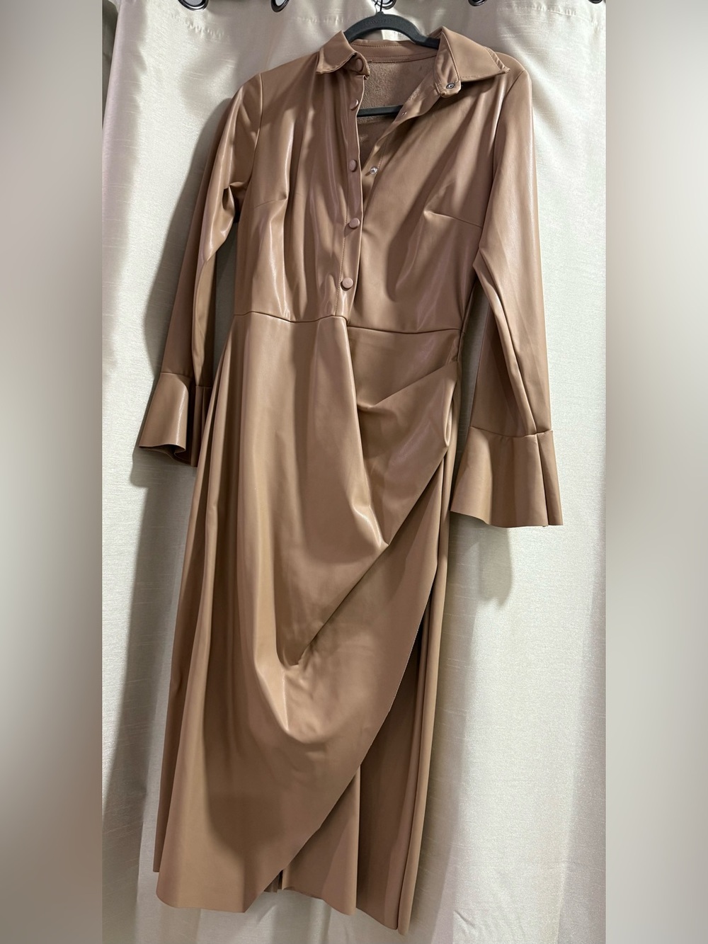 Sleek Faux-Leather Brown Wrap Midi Dress